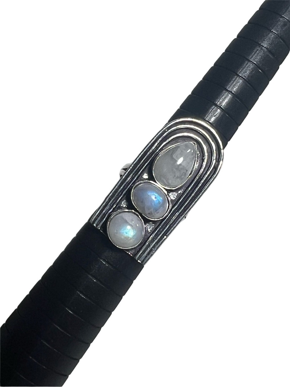 Rainbow Moonstone 925 Circles Gemstone Ring 8.5 approx.